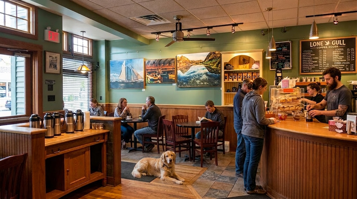 Cozy cafe interior with patrons, wooden counter, wall art, and a dog resting on the floor