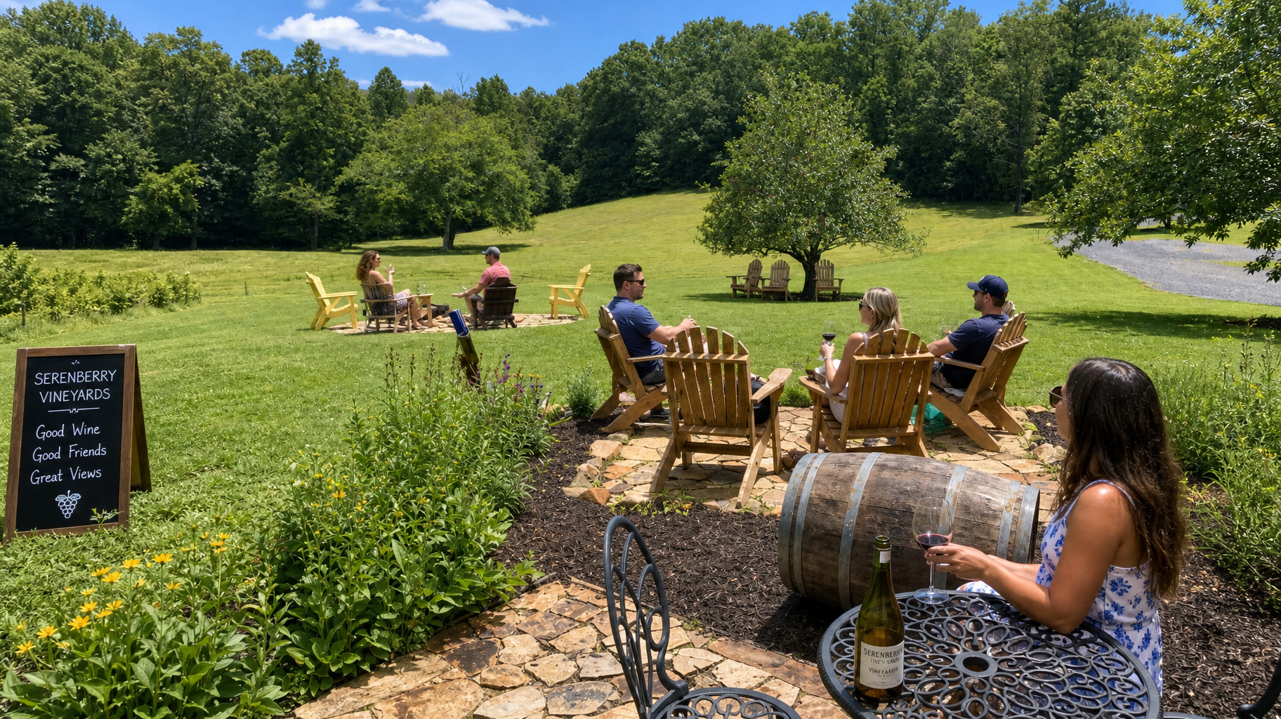 Outdoor picnic tables on a sunny lawn with people relaxing near a chalkboard sign and a barrel table