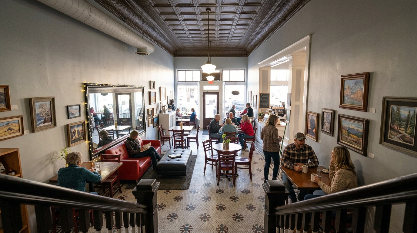 Historic café interior with people seated at tables beneath a patterned ceiling and framed wall art