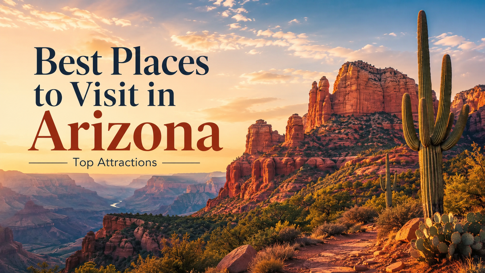 Arizona desert landscape with red rock cliffs and cactus at sunset, titled “Best Places to Visit in Arizona.”