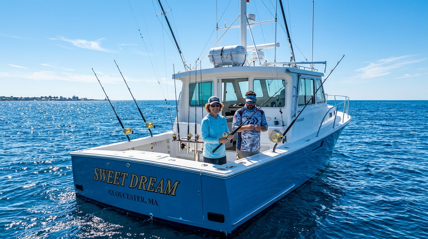 Two people on a blue fishing boat on calm ocean water under a clear sky