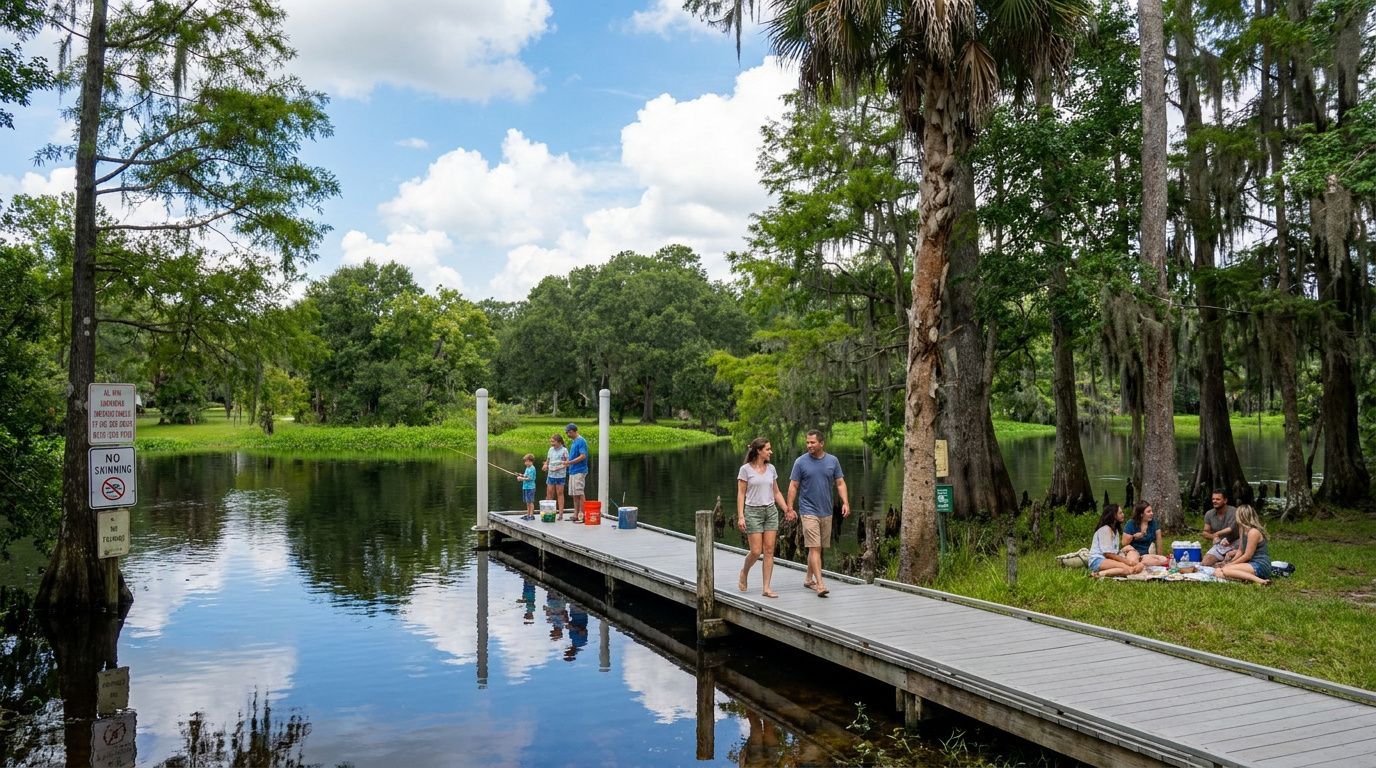 People walking on a wooden boardwalk beside a calm river in a green park under a bright sky