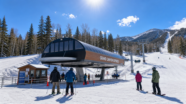 Ski lift at snowy mountain resort with people walking under a sunny blue sky