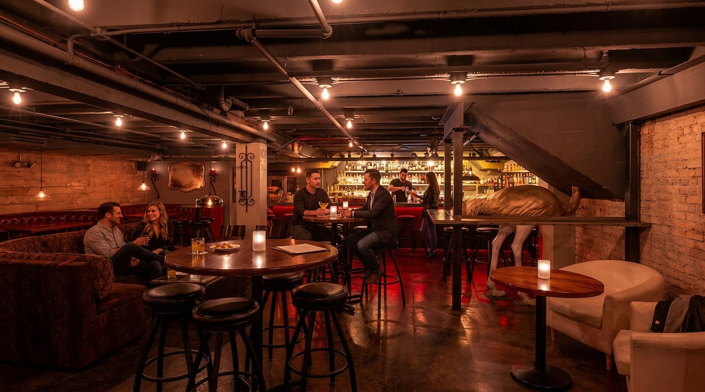 Cozy dimly lit lounge with tables, chairs, and people seated under warm string lights and exposed beams.
