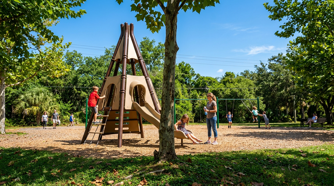 Children playing on a wooden playground swing set in a sunny park with trees and wood chips.
