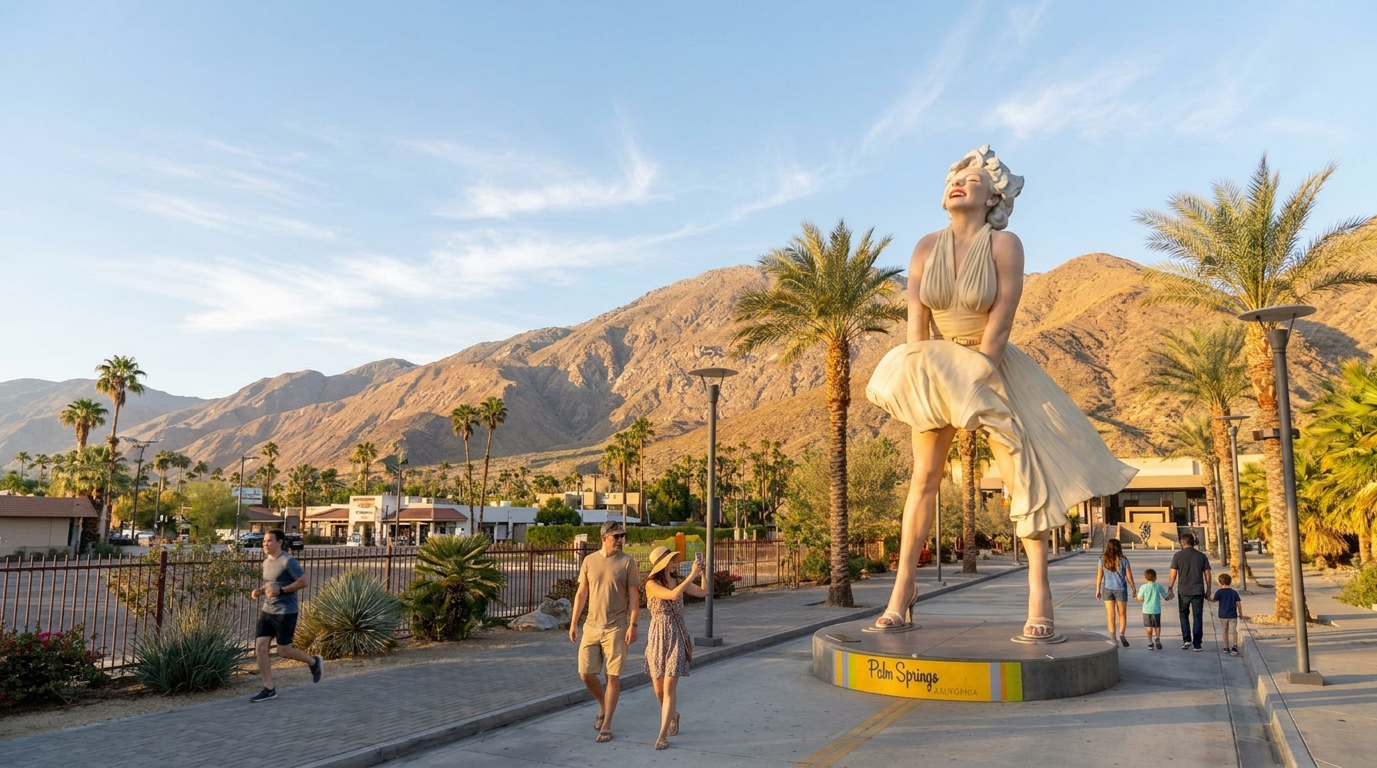 Large silver Marilyn Monroe statue in a sunny desert plaza with palm trees and mountains