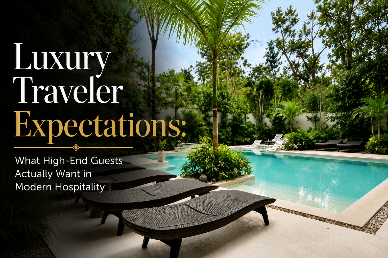 Luxury travel article cover with a tropical resort pool, lounge chairs, and text about guest expectations