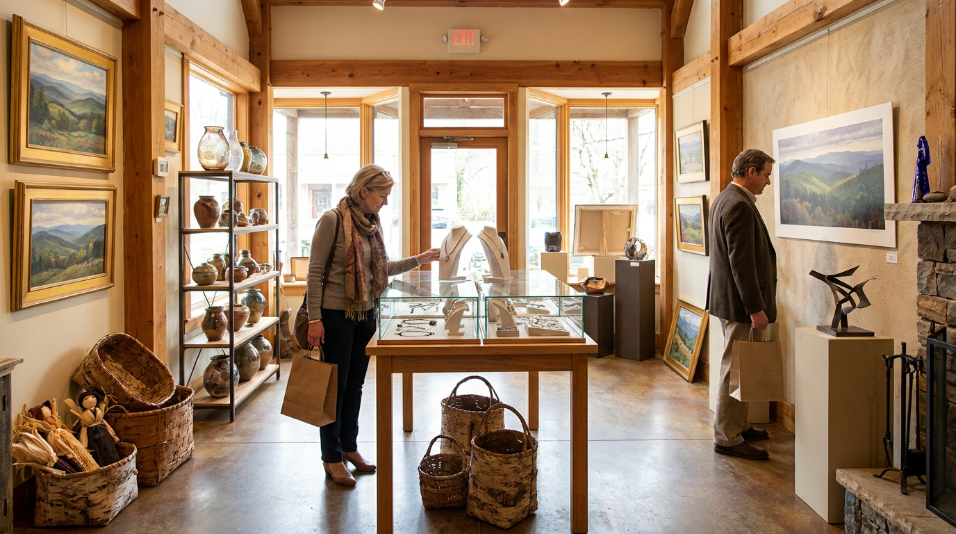 Bright art gallery with framed paintings, glass display tables, and two people browsing inside.