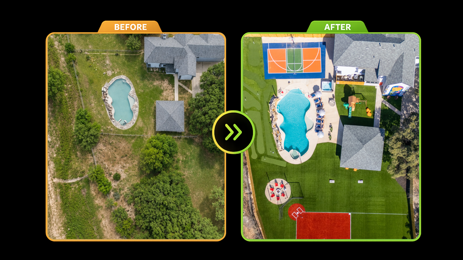 Before-and-after aerial view of a backyard, showing a worn lawn transformed into a poolside patio and sports area.