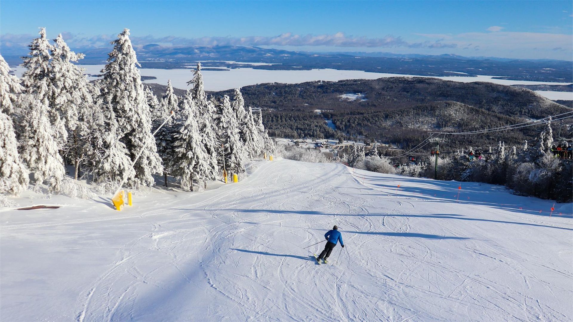 Skier carves down a snow-covered slope on a sunny day with a frozen lake and snow-covered trees in the background.