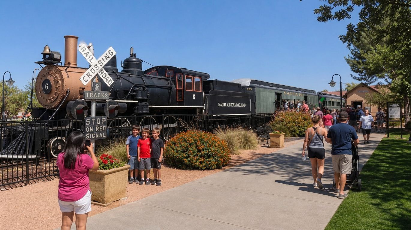 Historic steam locomotive at a station platform with visitors standing nearby on a sunny day