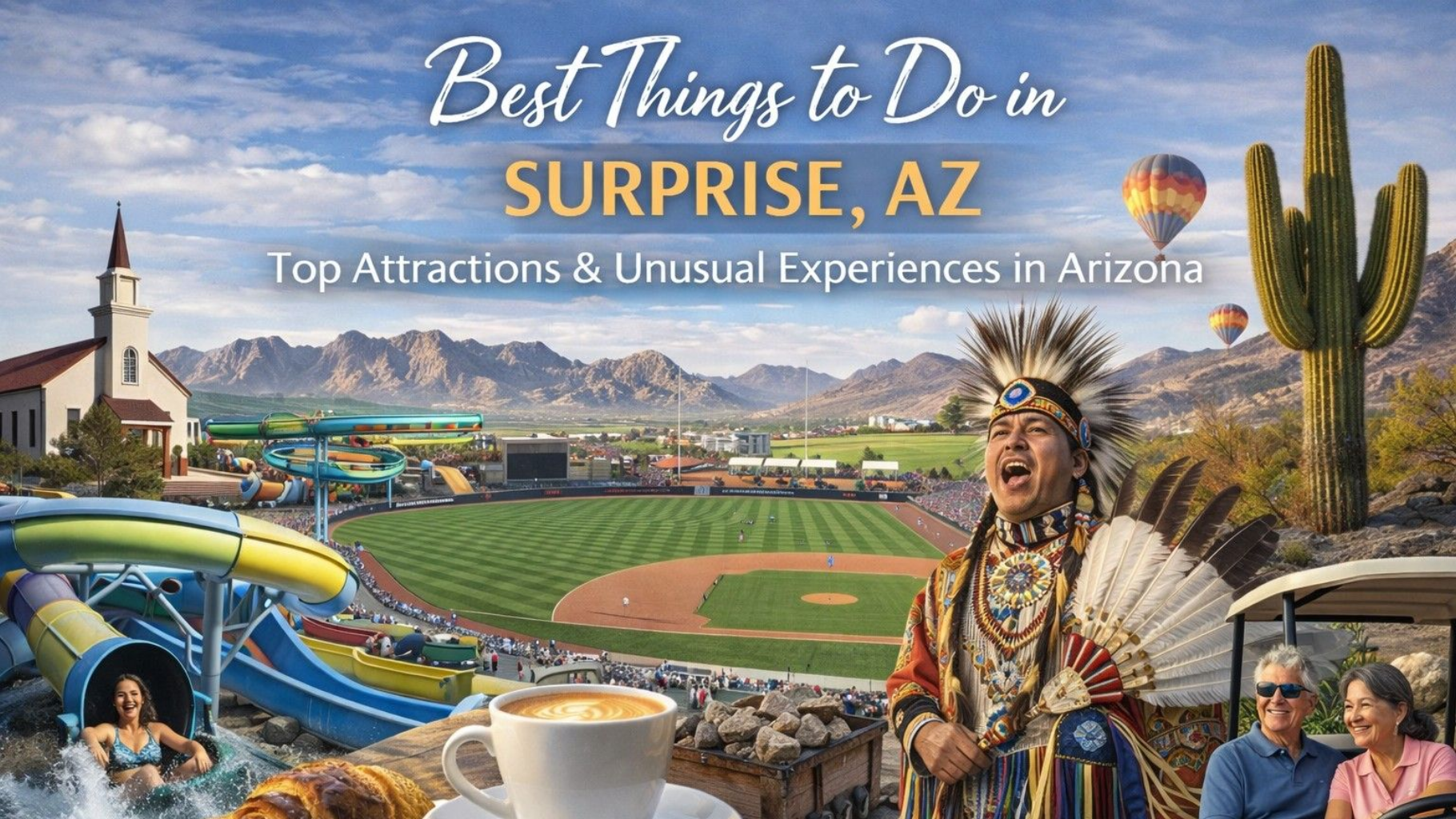 Composite image of Surprise, AZ attractions: baseball stadium, water park, Native American, hot air balloons, mountains.