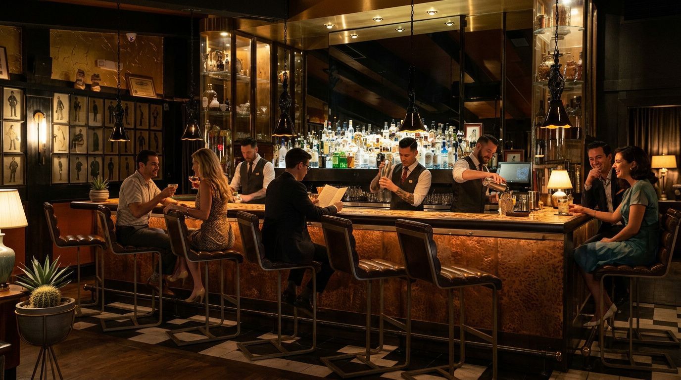 Dimly lit bar with patrons seated around a long wooden counter, warm amber lighting, bottles glowing behind the bar