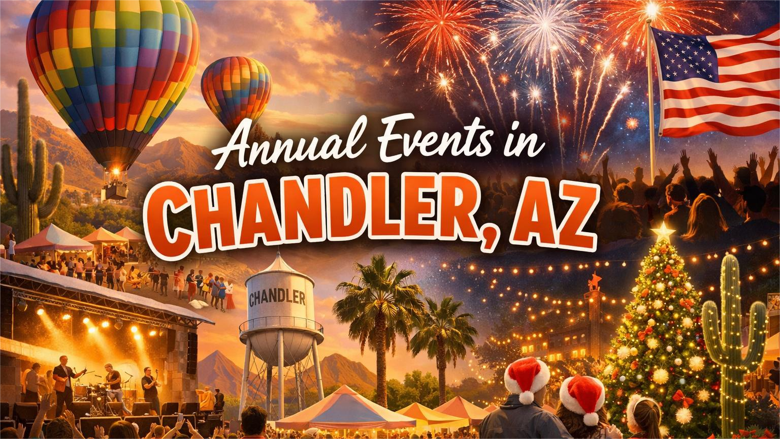 Annual events in Chandler, AZ: Hot air balloons, fireworks, concerts, Christmas tree, American flag, palm trees, and people.