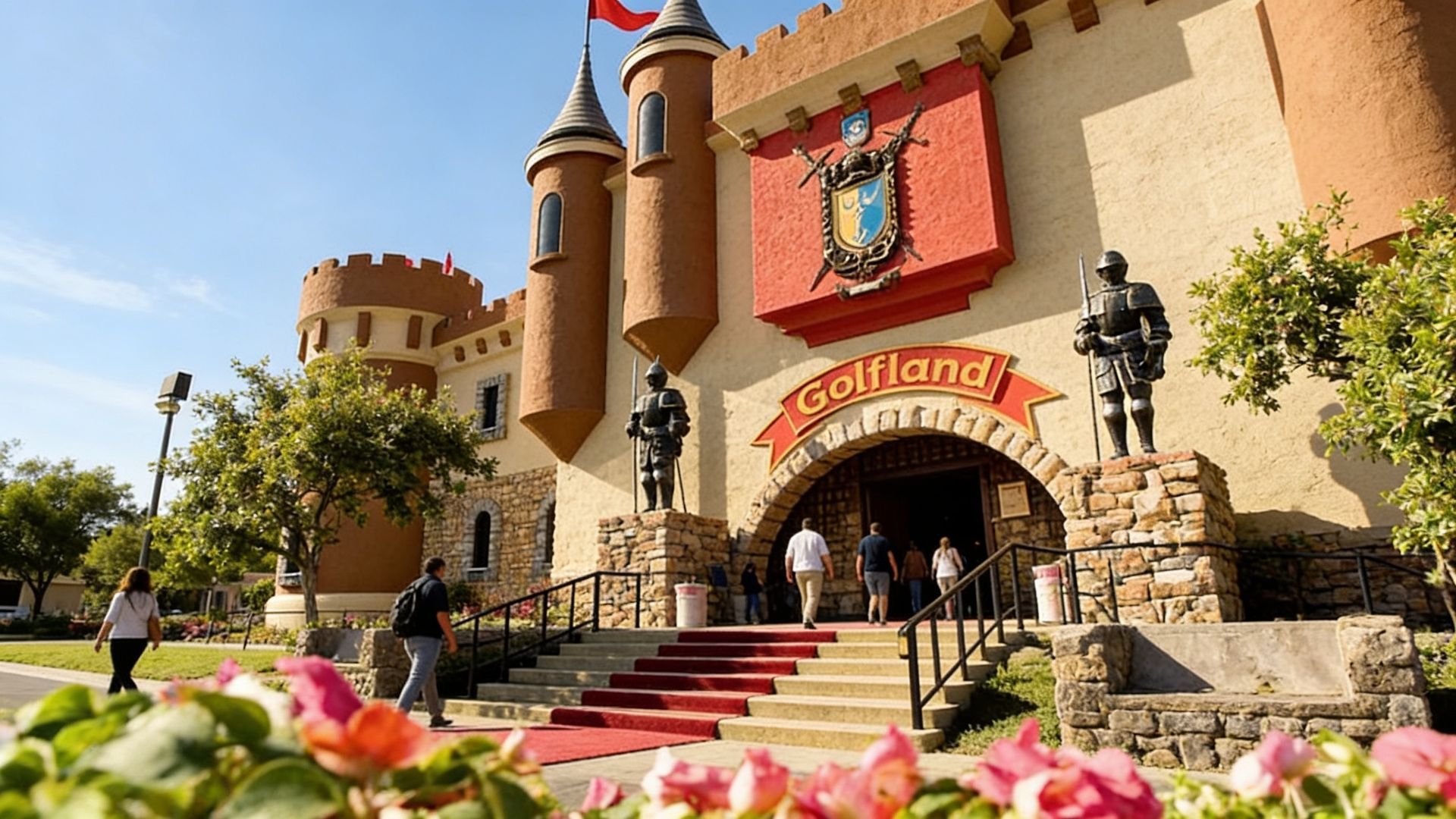 A castle-like building with a red archway and staircase, surrounded by flowers and trees on a sunny day