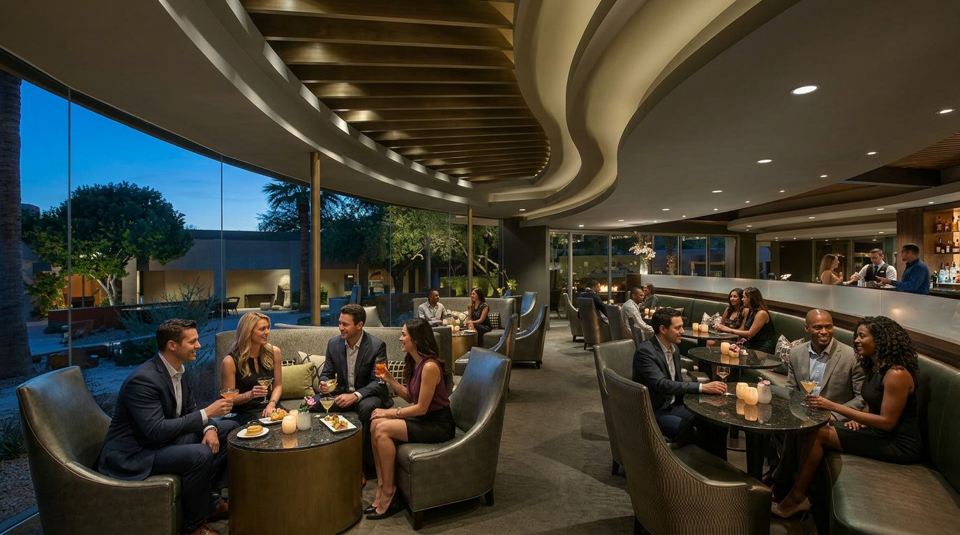 People dining in a modern restaurant with curved ceiling and large windows at dusk.