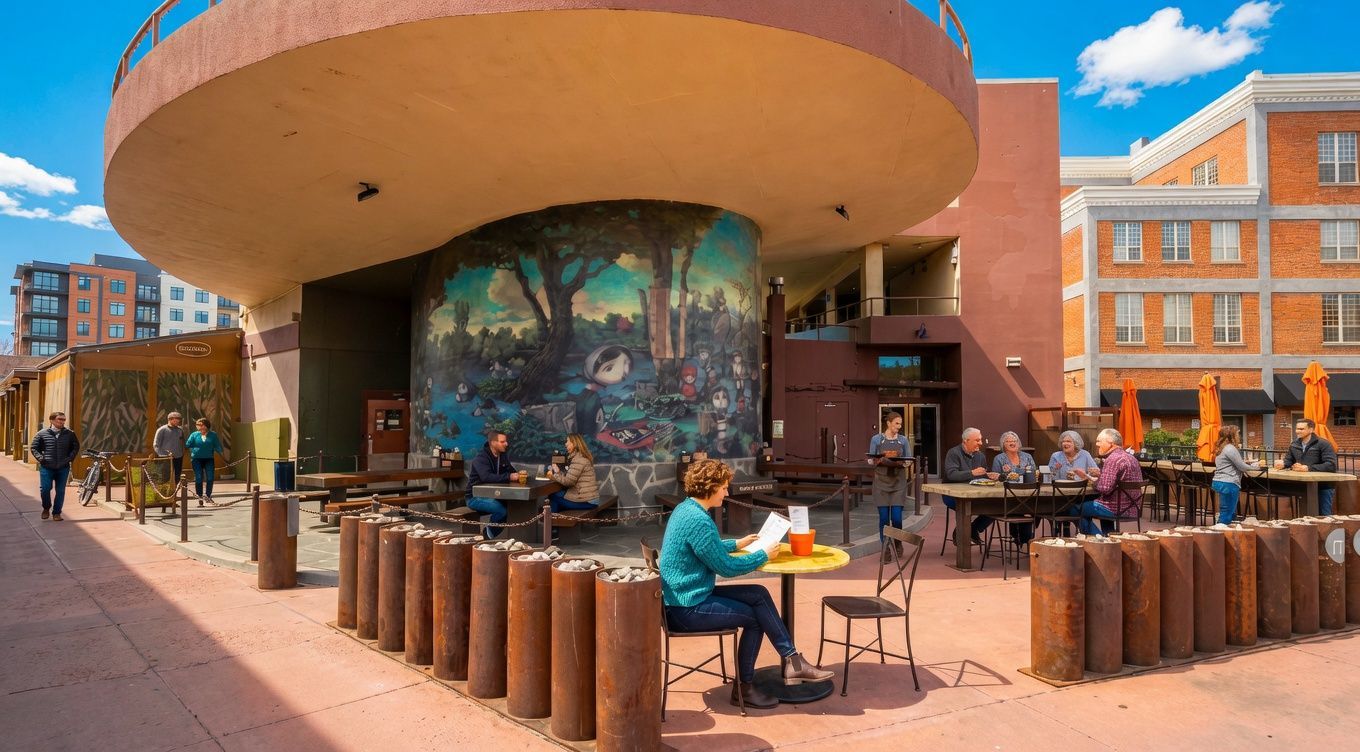 Outdoor café seating beside a large mural-covered building under a round overhang on a sunny day