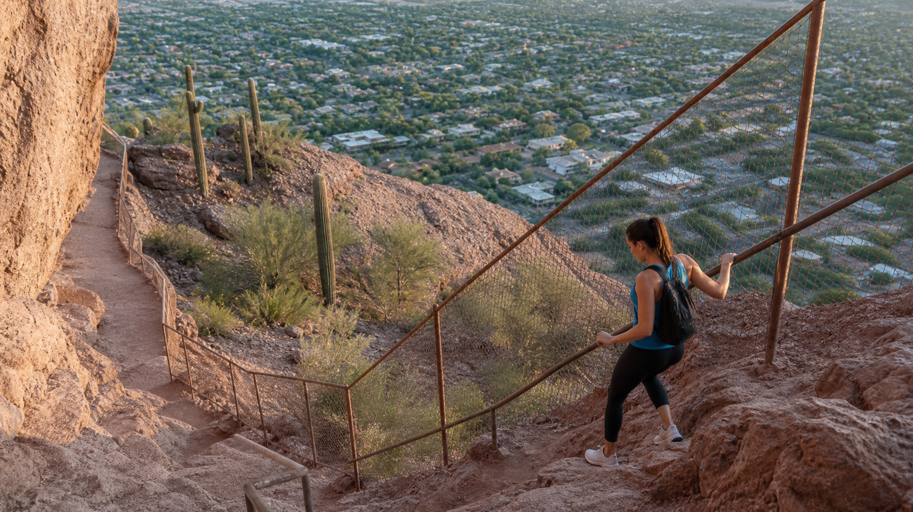 Woman descending a steep rocky trail with a metal handrail, overlooking a vast desert valley at sunset