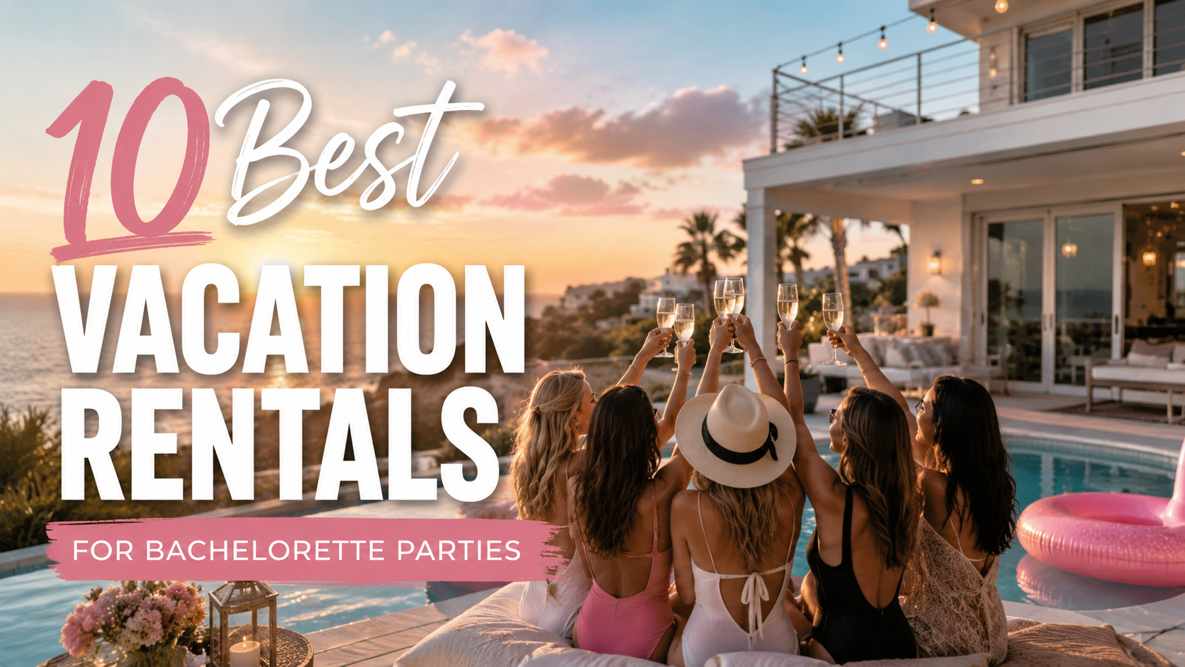 Women in swimsuits celebrate by a pool at sunset beside a modern vacation rental, with text: “10 Best Vacation Rentals for Bachelorette Parties”