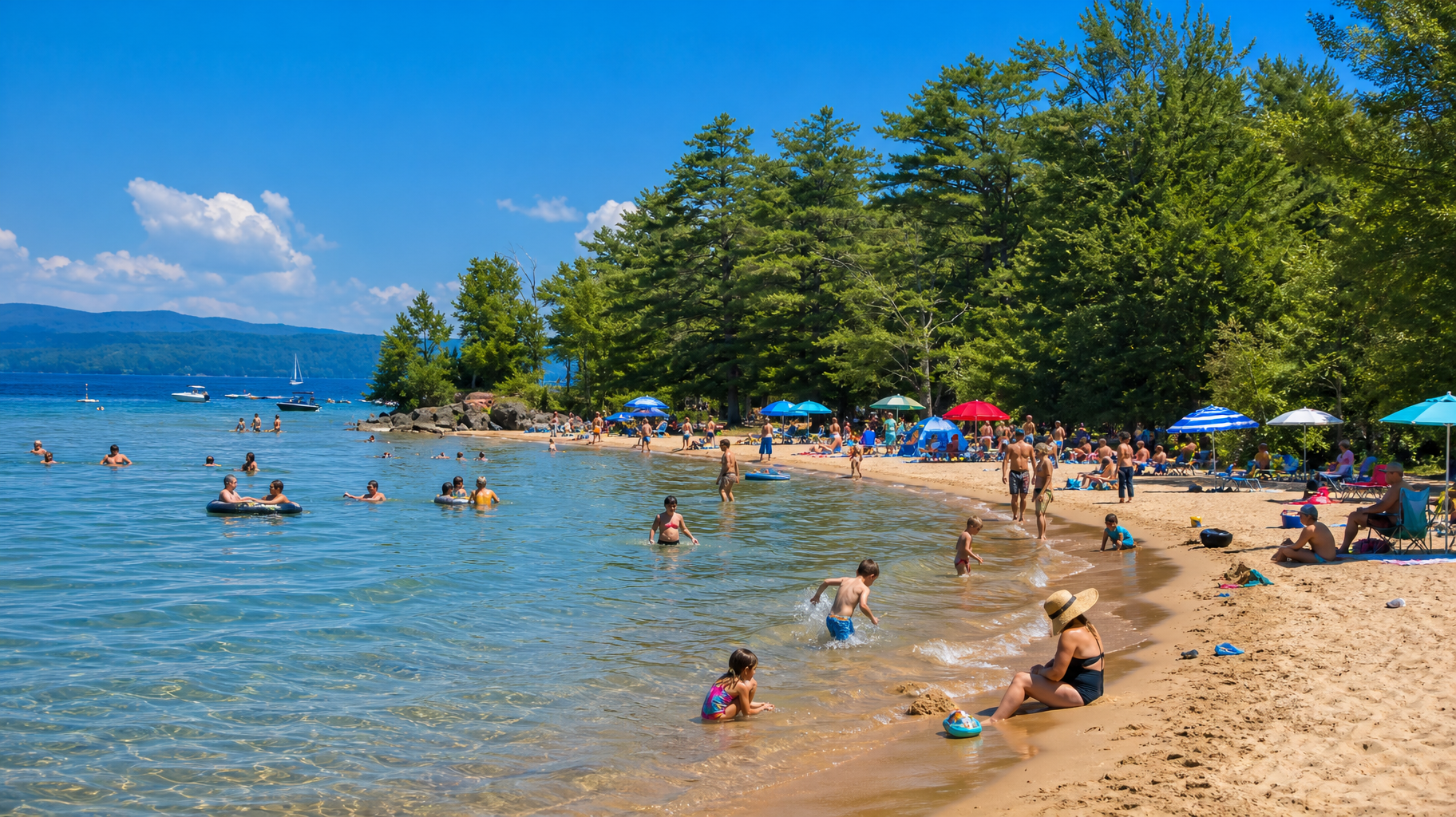 Sunny lakeside beach with swimmers, sandy shore, clear blue water, and trees lining the coast