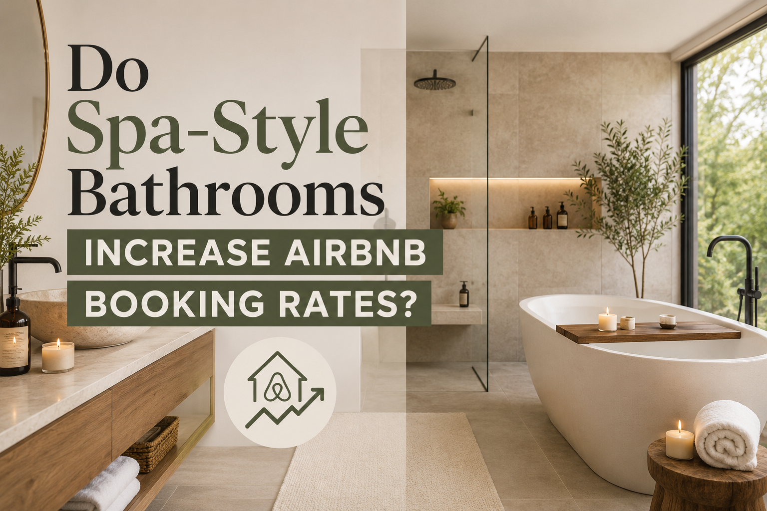 Spa-style bathroom with tub, wood vanity, and text: “Do Spa-Style Bathrooms Increase Airbnb Booking Rates?”