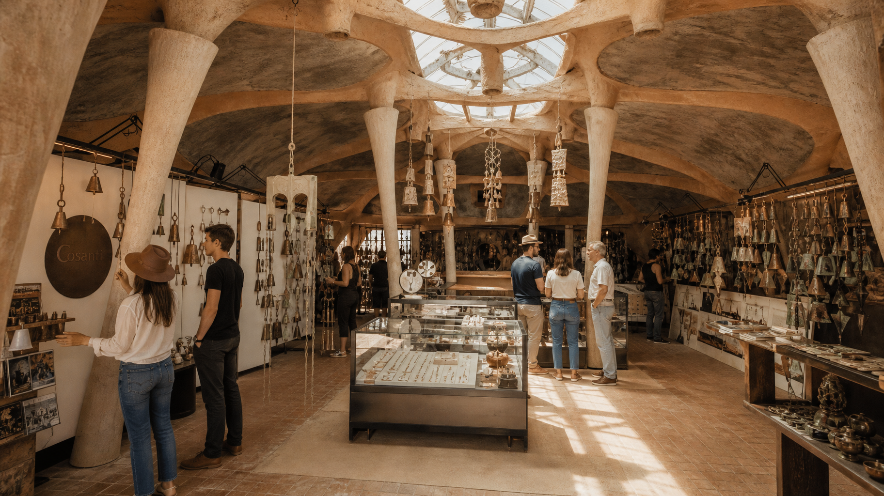 Inside a warm-toned souvenir shop, shoppers browse shelves and a central display under arched, rustic ceilings.