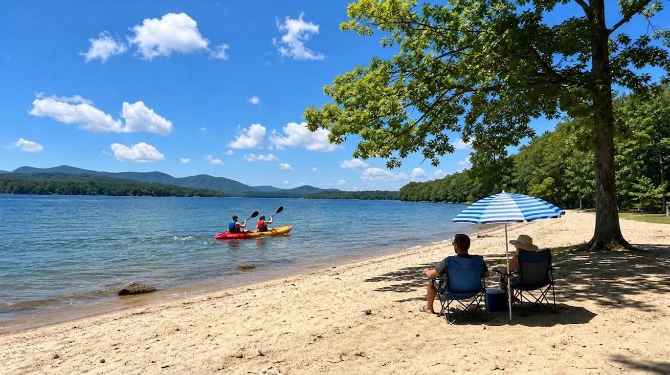 Sunny beach with kayakers on a lake, two people under a blue-striped umbrella, and a tree in the foreground