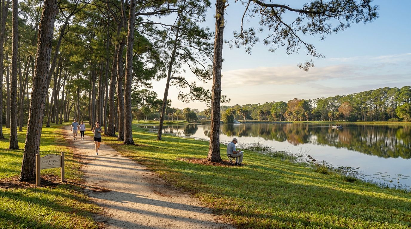 Tree-lined lakeside trail with people walking and sitting beside calm water on a sunny day
