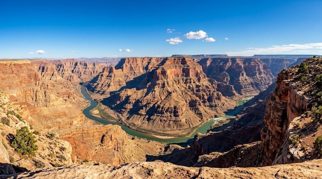 Wide canyon with a winding green river under a bright blue sky, viewed from a rocky overlook