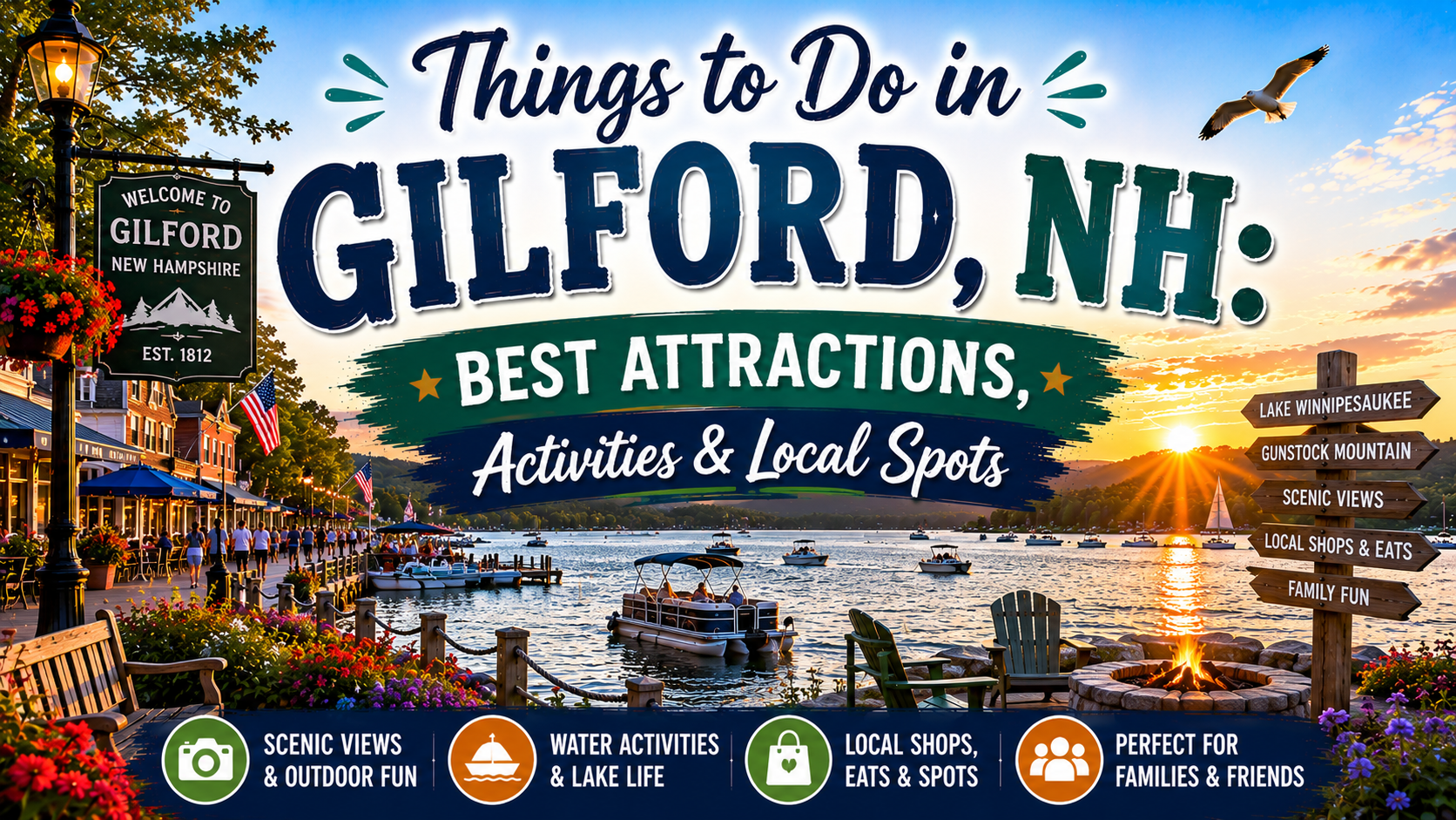 Graphic promoting things to do in Gilford, NH, with sunset lake, shops, and activities icons