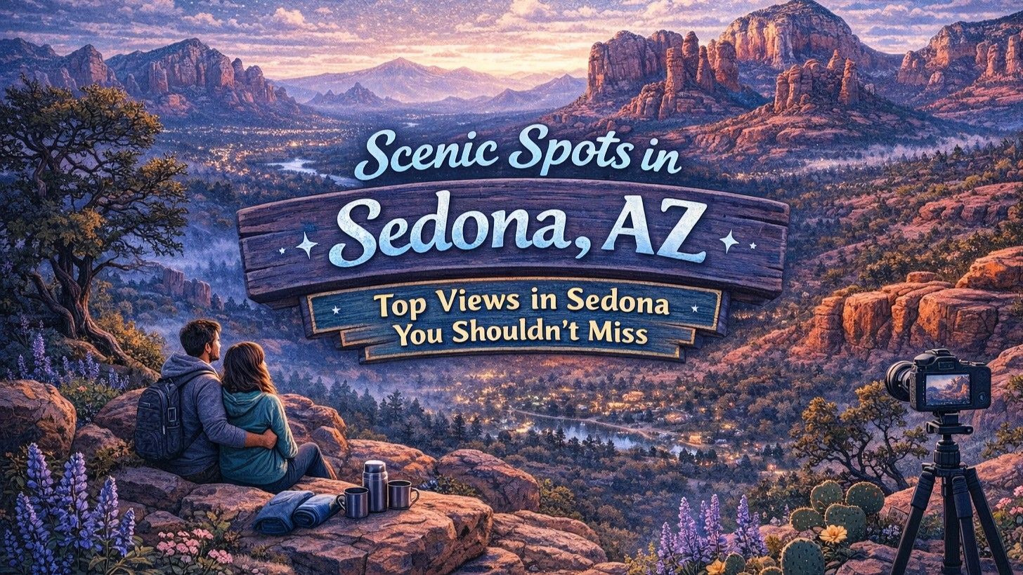 Couple overlooking Sedona mountains at sunset. Sign: 
