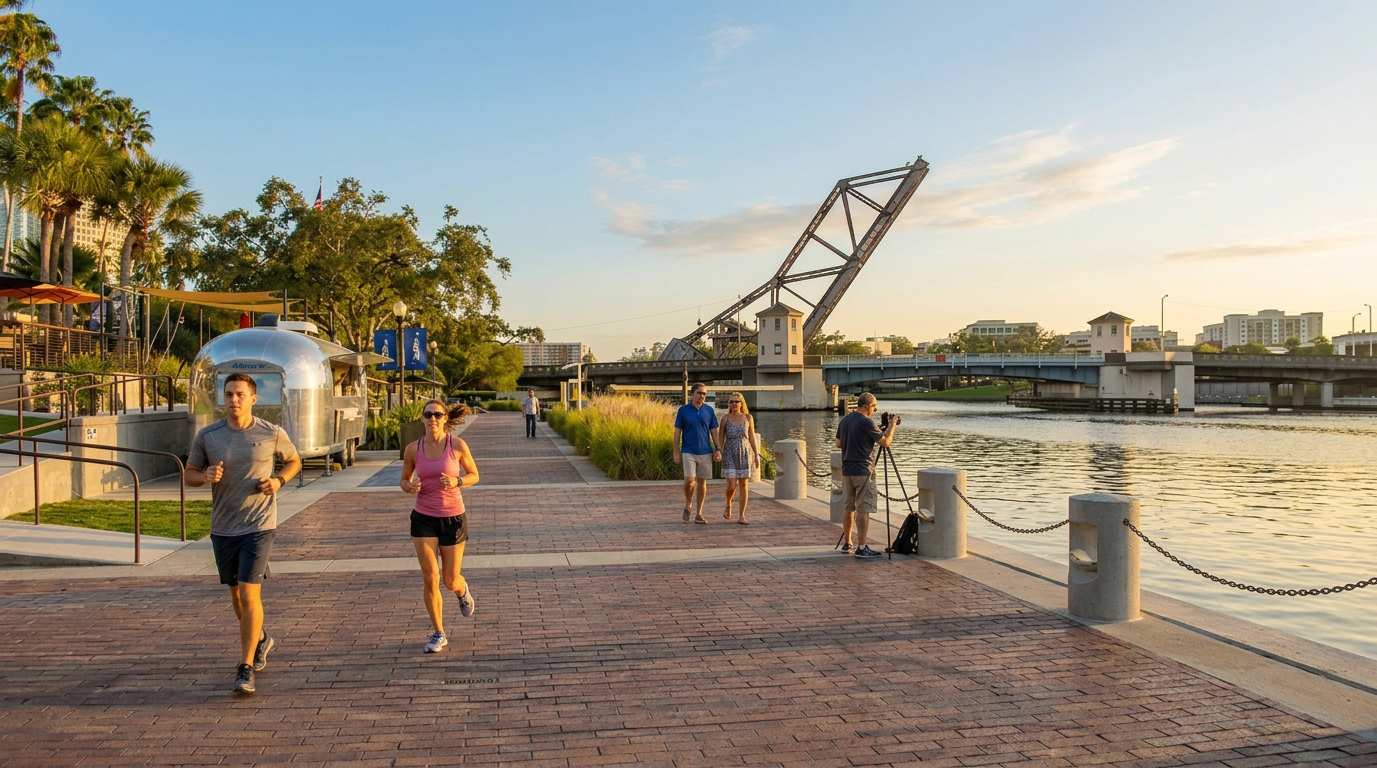 Joggers on a waterfront promenade at sunset, with palm trees, a lifting bridge, and calm water.