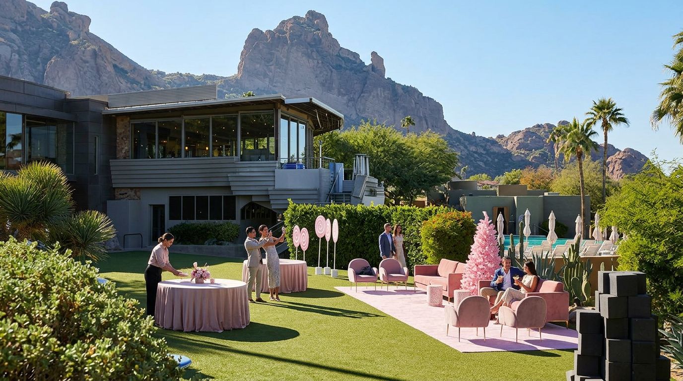 Outdoor wedding reception on a lawn with pink décor, guests at tables, and mountains in the background