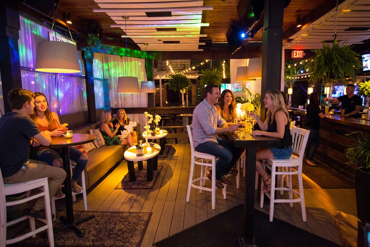 People dining at tables in a warmly lit outdoor restaurant patio at night