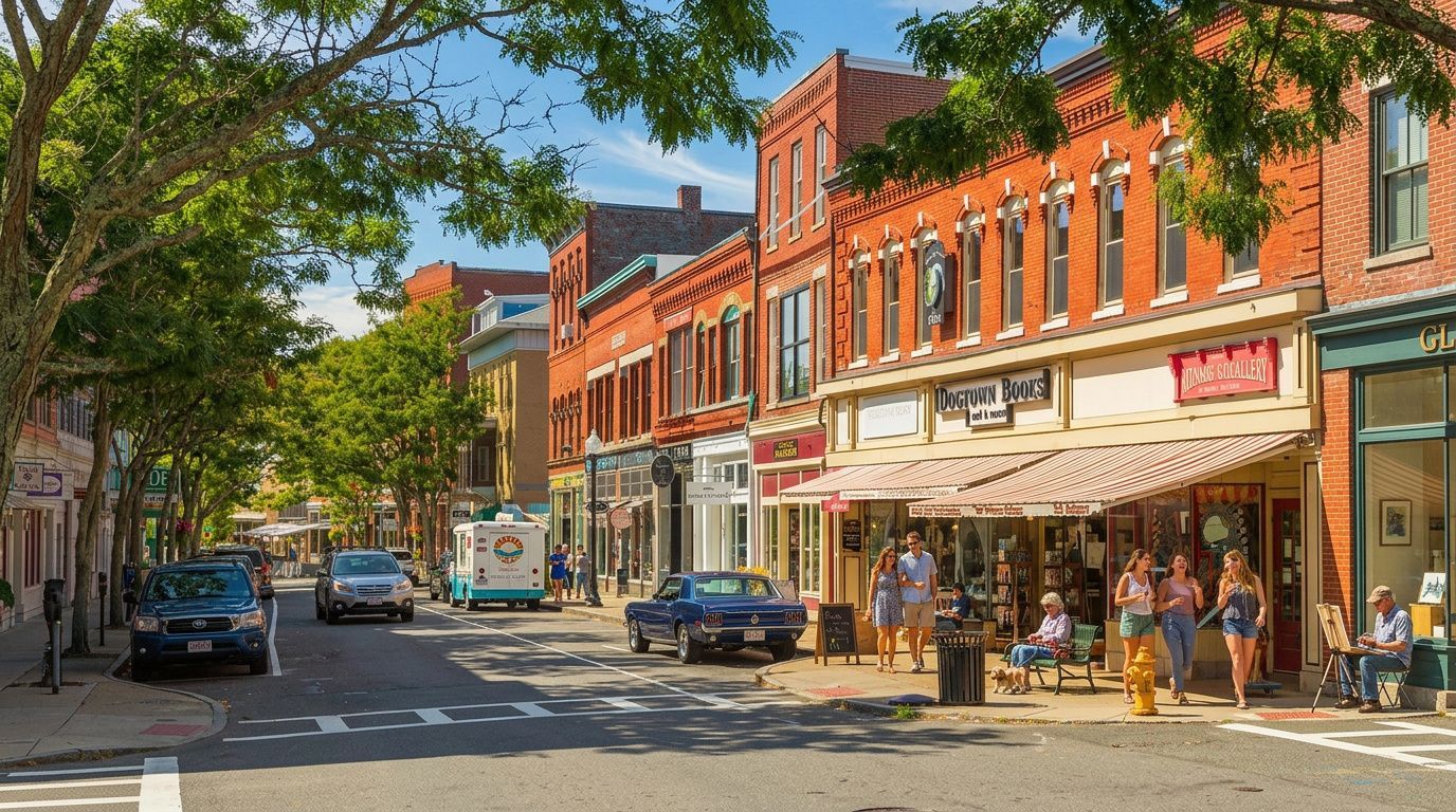 Sunlit small-town street with red-brick storefronts, parked cars, and pedestrians on the sidewalk