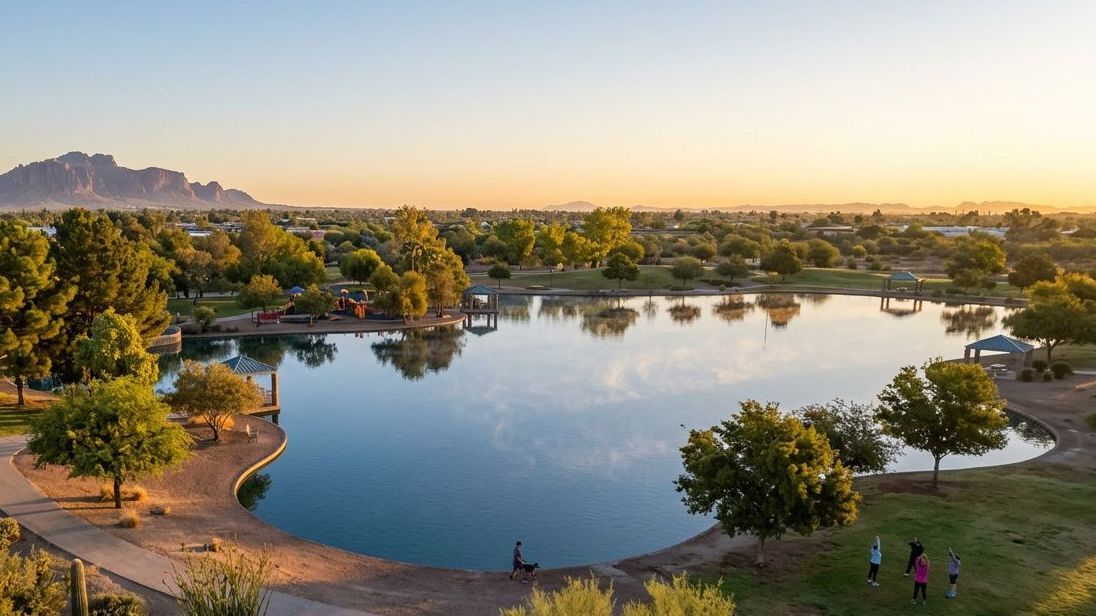 A scenic lake in a park with trees, walking paths, and distant mountains under a warm, golden sunrise sky.