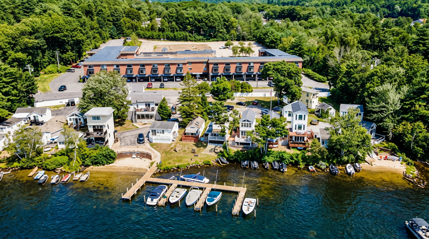 Aerial view of a lakeside resort with docks, houses, and lush green trees on the shoreline.