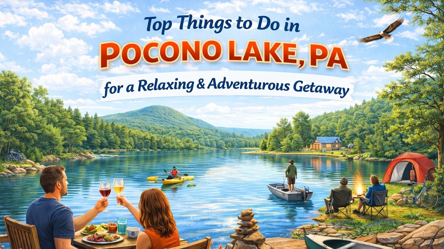 Scenic view of Pocono Lake, PA with people enjoying outdoor activities: kayaking, boating, and camping.