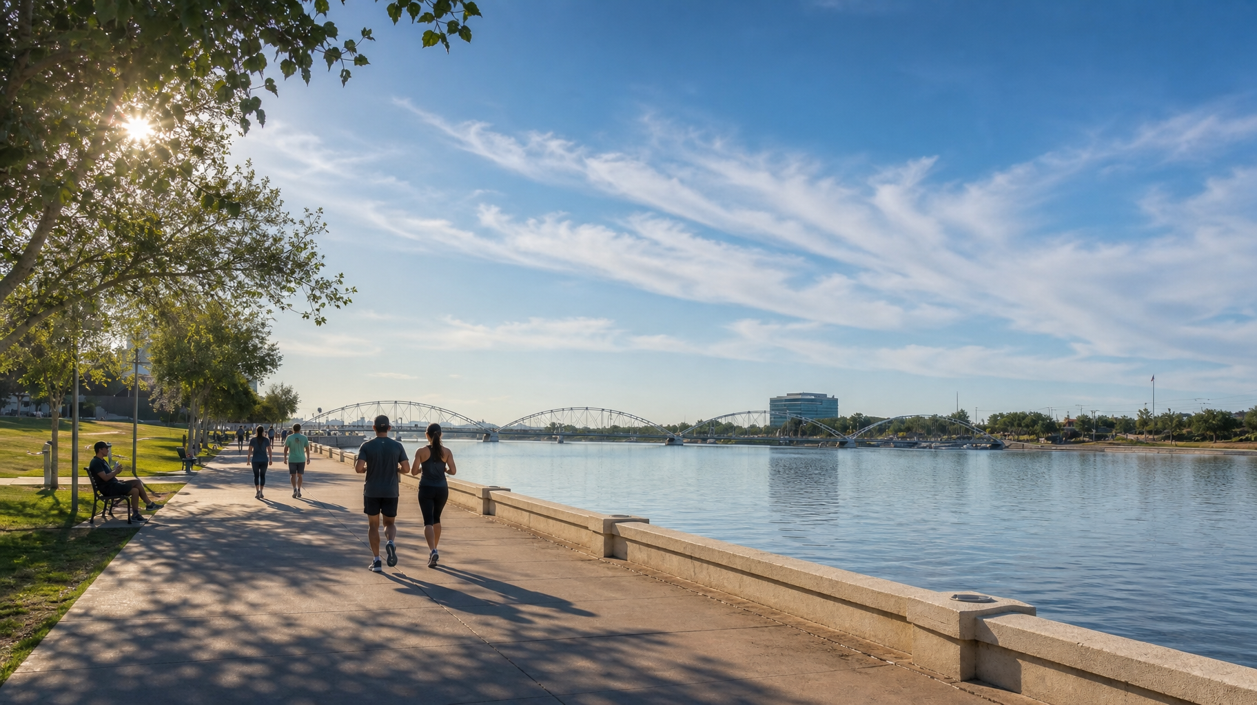 People walking along a sunny waterfront path beside calm water and blue sky