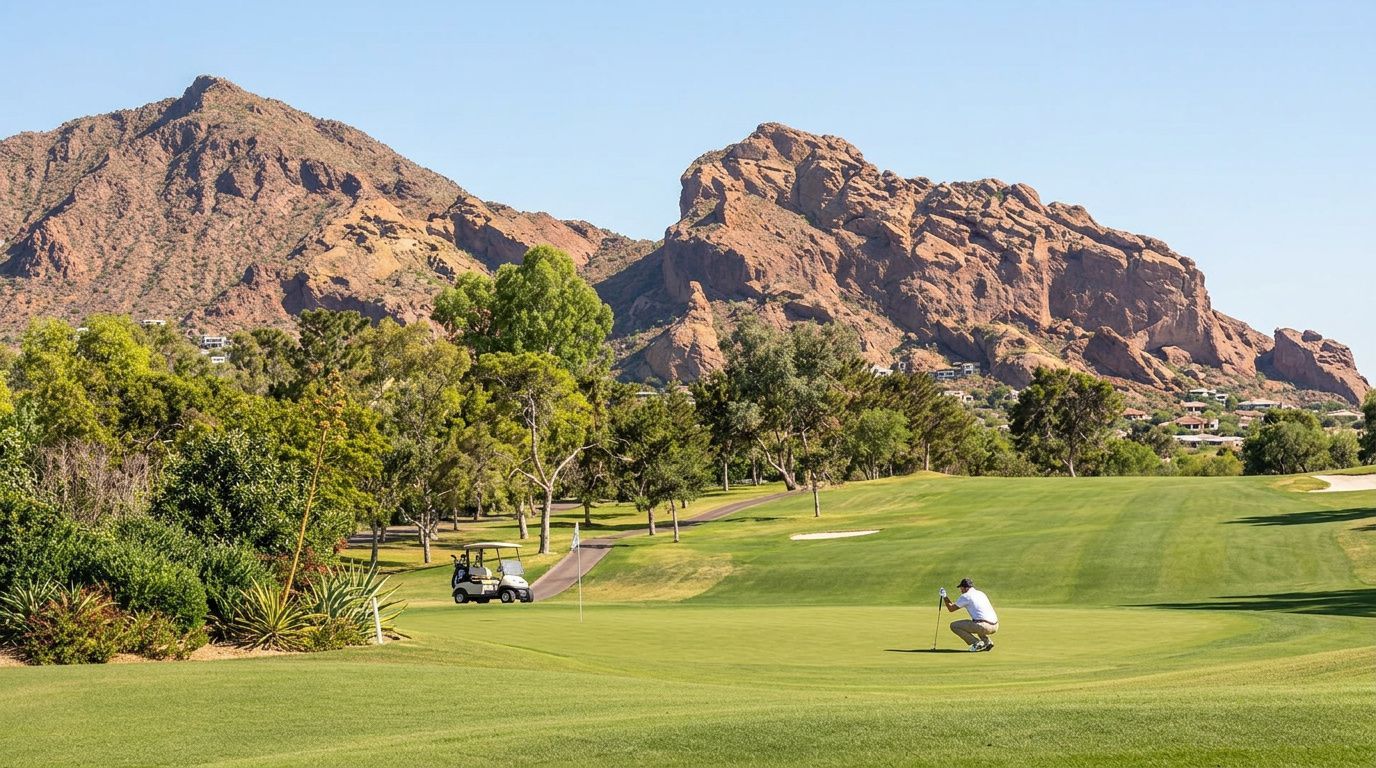 Golfer putting on a green with desert mountains and trees in the background