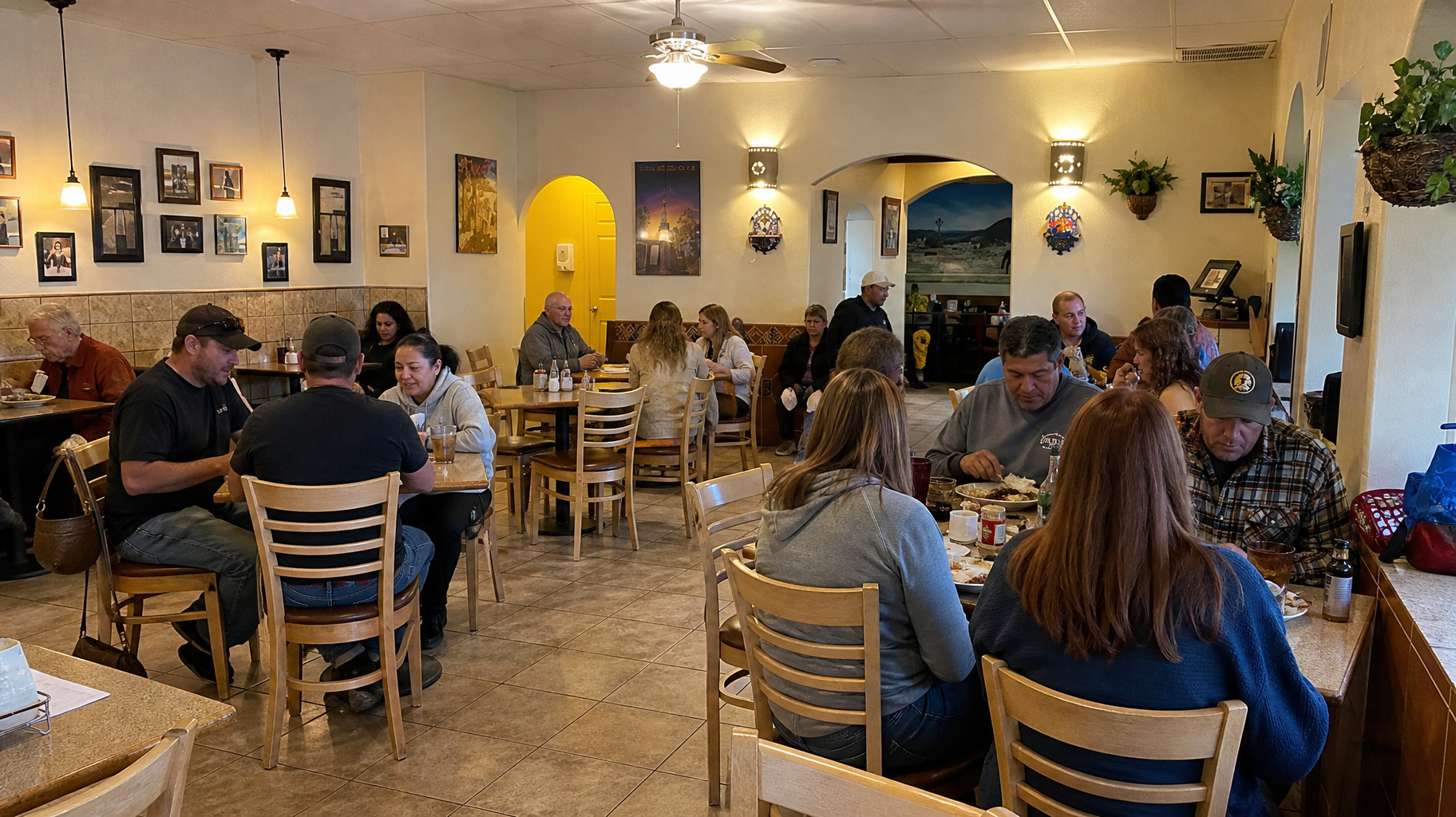 Cozy restaurant dining room with patrons seated at tables under warm hanging lights