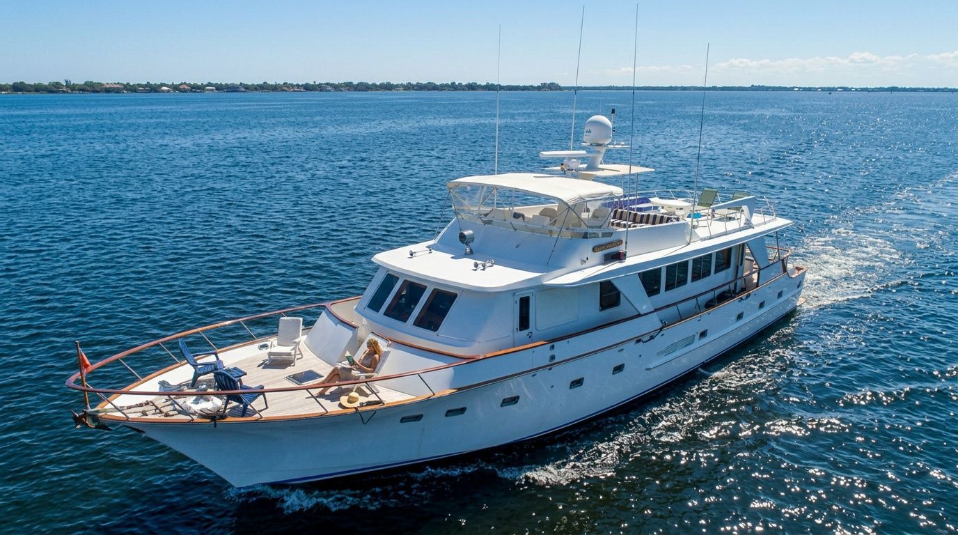 White yacht cruising on deep blue water under a clear sky, seen from the side.