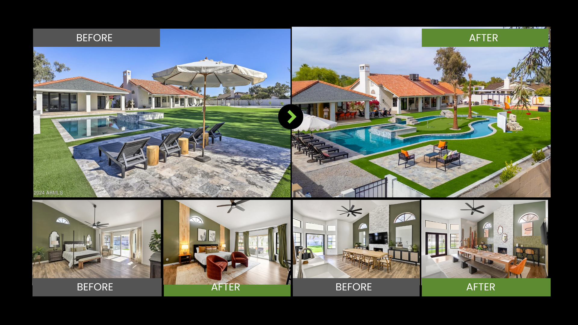 Before-and-after collage of a modern home patio and interior renovation, showing outdoor and living spaces.