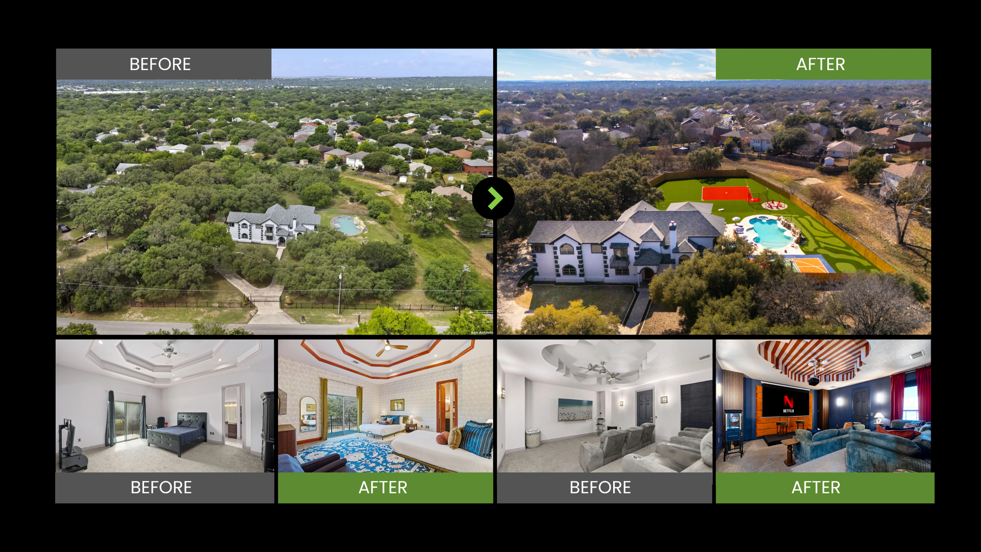 Split view of a house exterior with before-and-after aerials and interior room photos, showing renovation progress