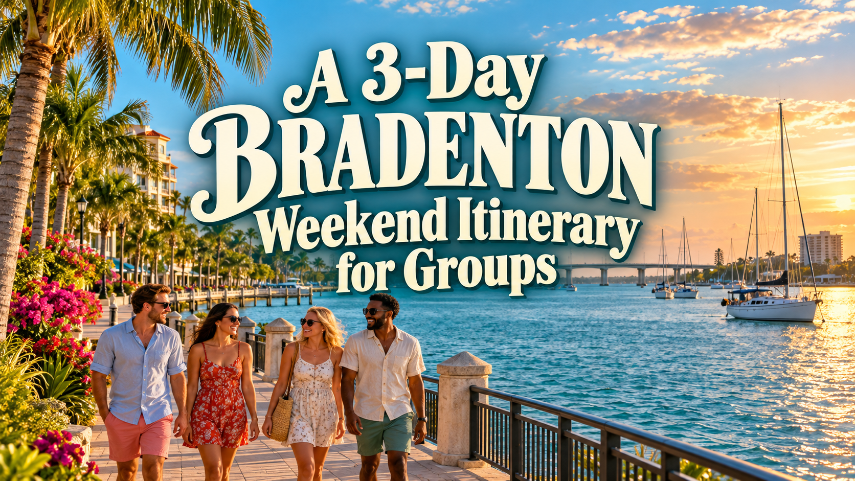 Four people stroll along a sunny waterfront in Bradenton, with text reading “A 3-Day Bradenton Weekend Literary for Groups.”
