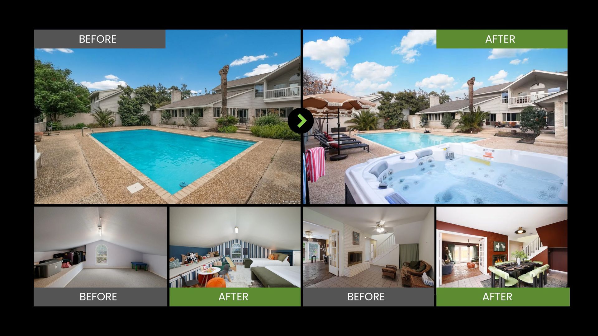 Real estate collage showing a house with a pool, spa, living room, kitchen, and dining area