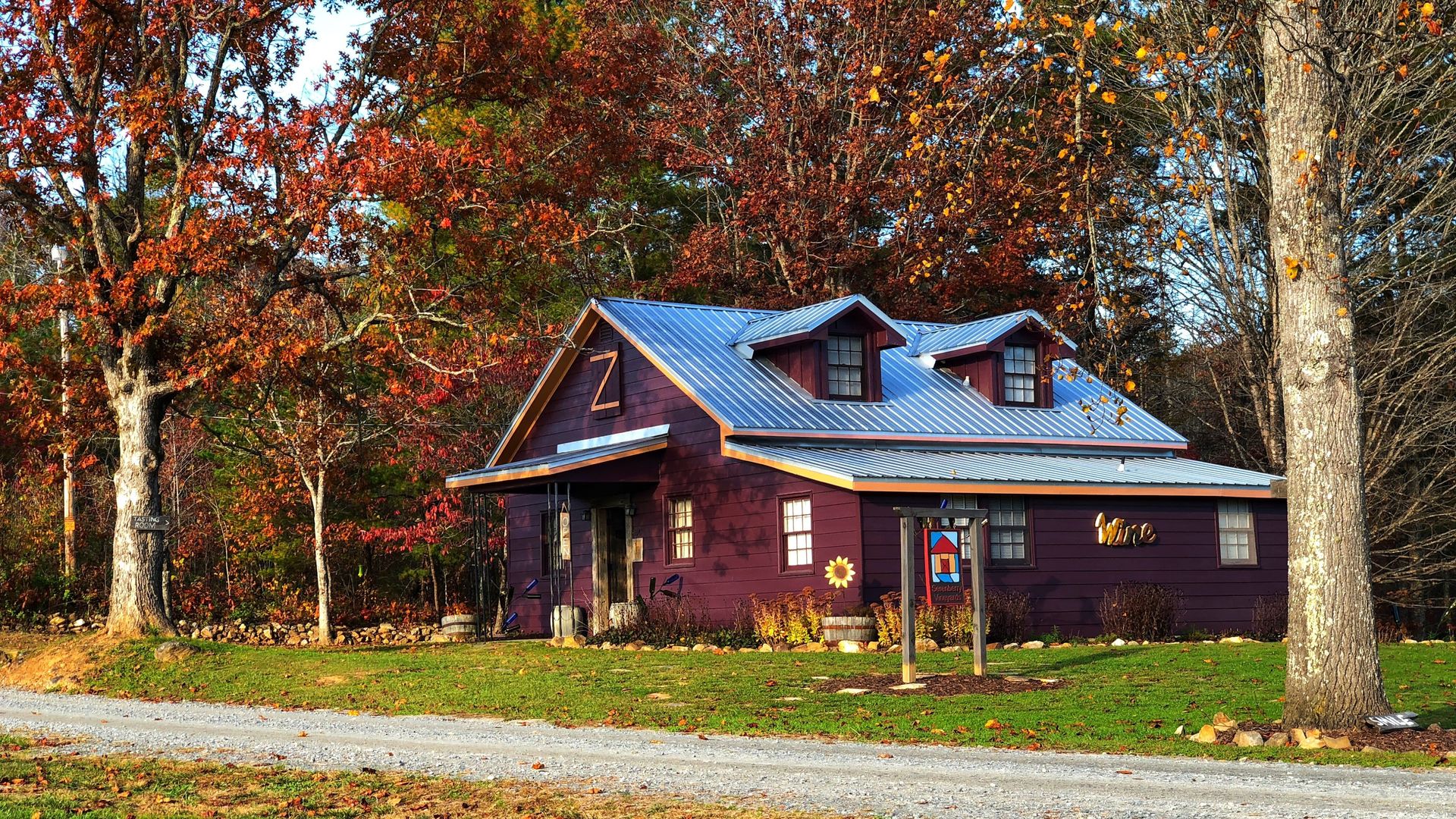A small, purple house with a metal roof nestled among trees with colorful autumn foliage under a bright sky.