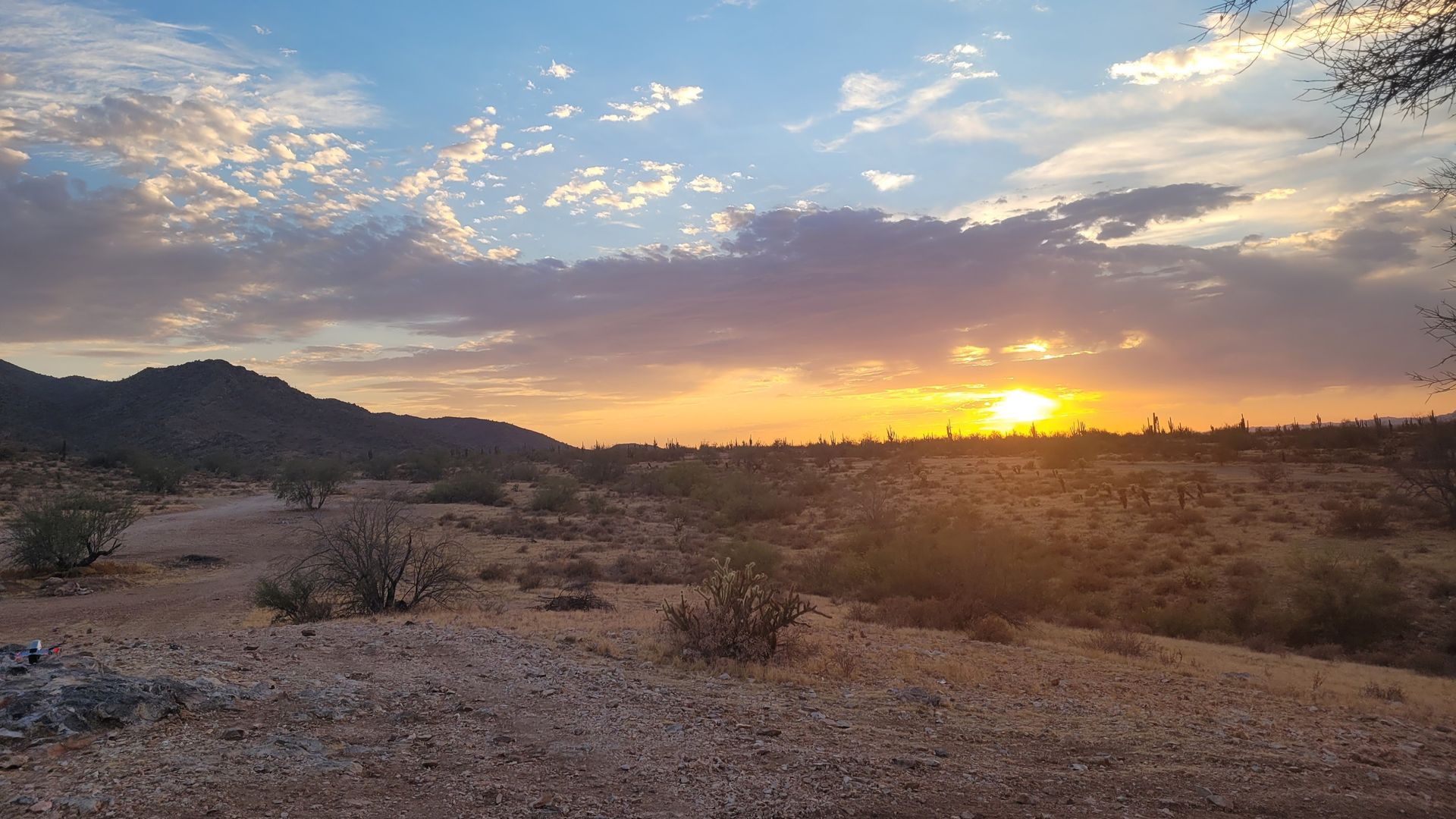 Desert landscape at sunset. Sun peeks through clouds, casting an orange glow. Bushes and small trees dot the rocky terrain.
