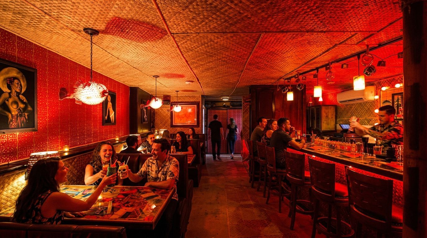 Dimly lit red-orange restaurant with diners seated at tables and a bar area on the right.