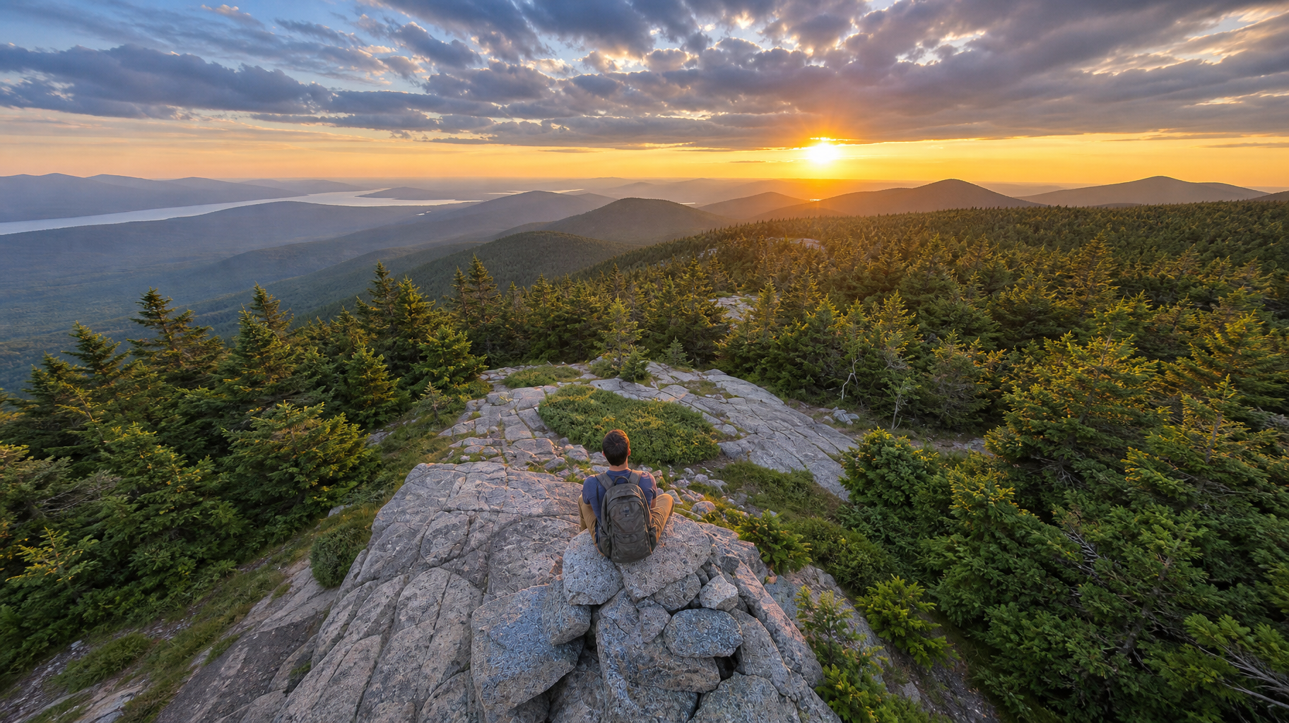 Person sitting on a rocky mountaintop overlooking a forested valley at sunrise